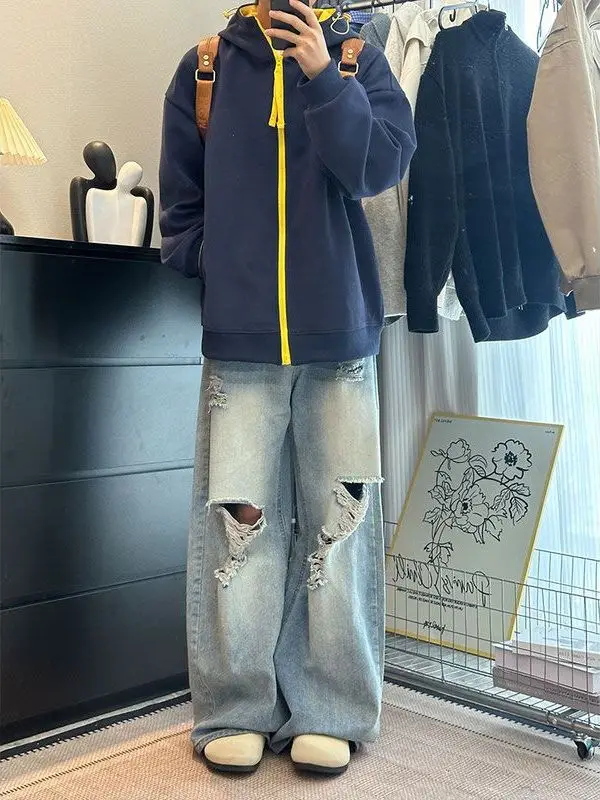 

Свободная мужская толстовка с капюшоном в американском стиле Qing Blue в стиле пэчворк Jaet, наряд для пары, модный брендовый летний длинный свек