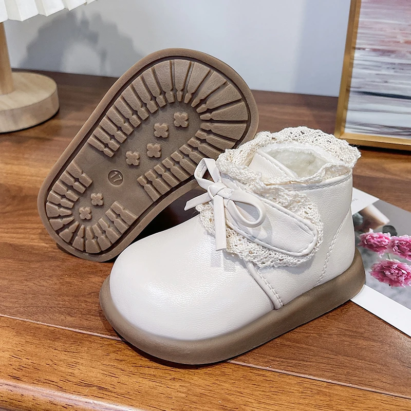 

Princess Baby Girl Leather Boots with Lace Bowtie 2025 New Winter Toddler Warm Boots Soft Sole Non-slip First Walker Ankle Boots