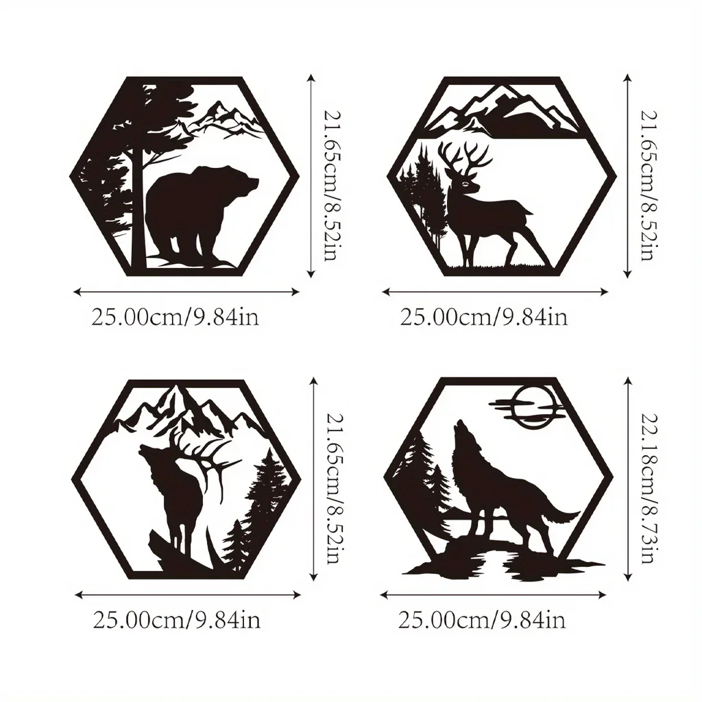 4pcs Home Decorative Frames Elk Deer Wolf Bear Hexagonal Metal Wall Sculpture Leaked Rustic Forest Decor Wilderness Decoration