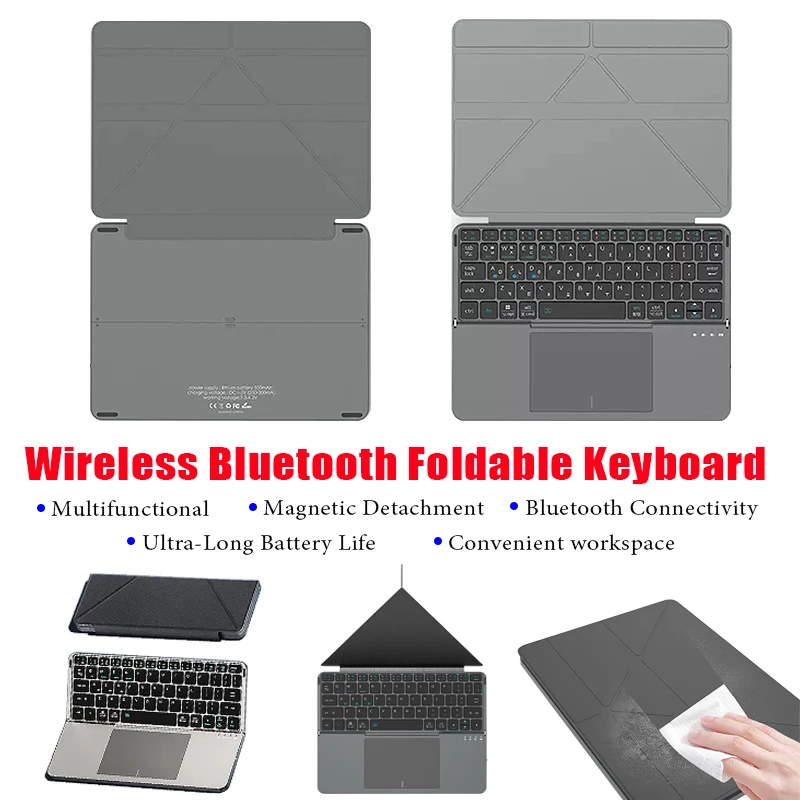 

Multi-functional Model Foldable Bluetooth 5.0 Keyboard 2-in-1 Detachable Leather Stand Touch Portable Keyboard for Tablet/Phone