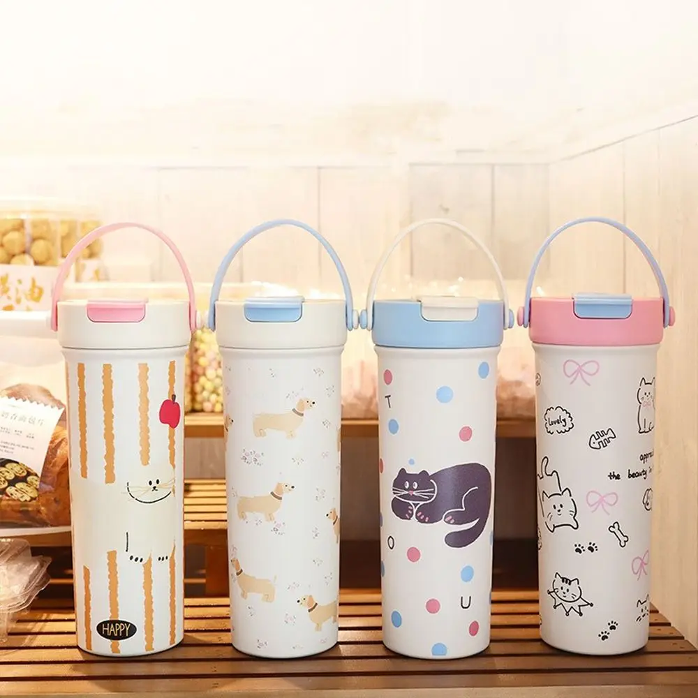 

Portable 600ml Insulated Cup Double Wall Cartoon Stainless Steel Cup Leak-proof with Straw Thermos Bottle Car Travel