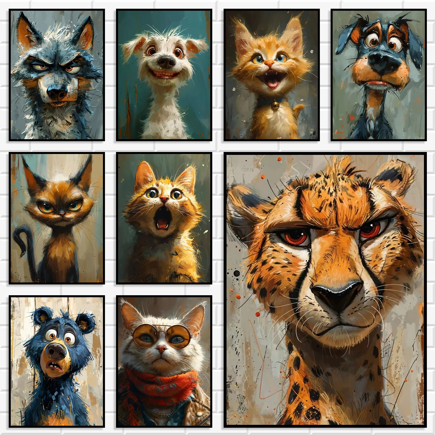 Funny Cartoon Animal Portrait Wall Art Print Abstract Oil Painting Cat Dog Cheetah Bear Canvas Poster for Kids Room Home Decor