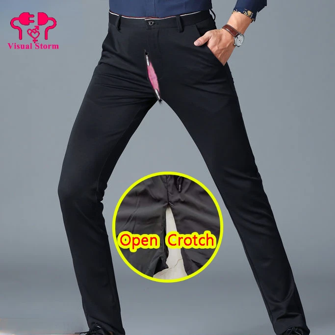 Men Open Crotch Sexy Suit Pants Slim Hidden Zippers Casual Pencil Trouser Winter Thciken Thermal Panties Crotchless Clubwear