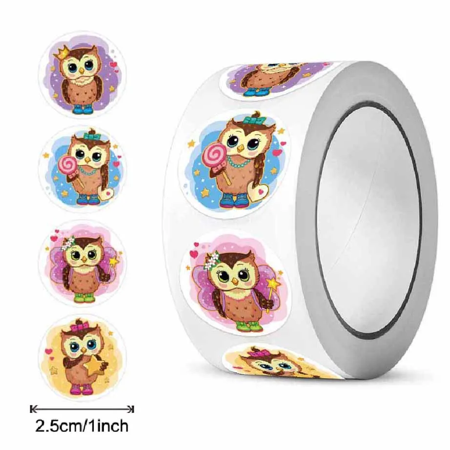 500Pcs/Roll Cartoon Cute Owl Reward Stickers,4 Designs Happy Term Begins Season 2.5cm/1.0in For Game Gift Envelope Seal Labels