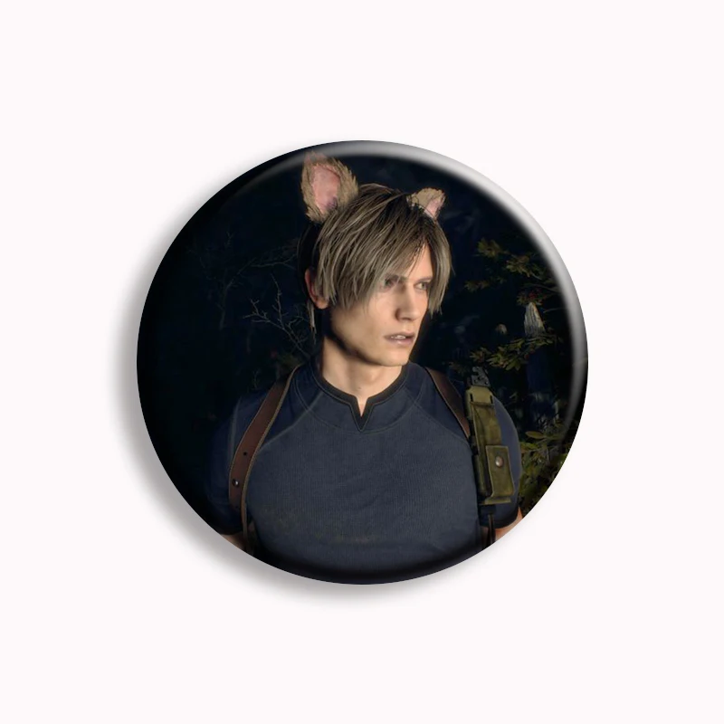 Leon Kennedy Evil Game Character Button Pin Pink Bow Cute Leon Meme Brooch Badge Bag Cloth Decor Fans Collect Friends Gift 58mm