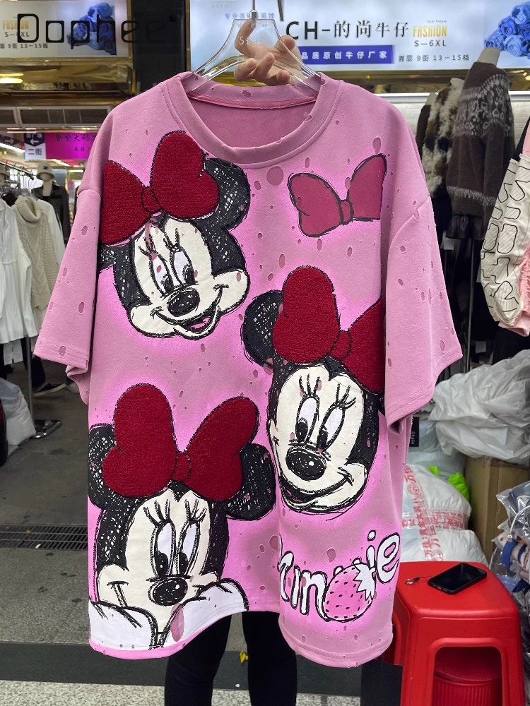 

Print Short Sleeve T-Shirt for Women 2025 Autumn New Heavy Industry Design Ripped Cartoon Print Loose Casual Versatile Top