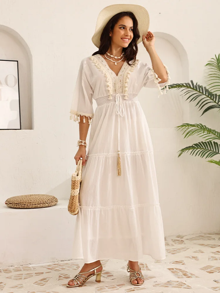 

Лето 2025 г., длинное платье во французском стиле с v-образным вырезом и кисточками, с половиной рукавом, кружевной дизайн на талии, элегантное пляжное платье в богемном праздничном стиле