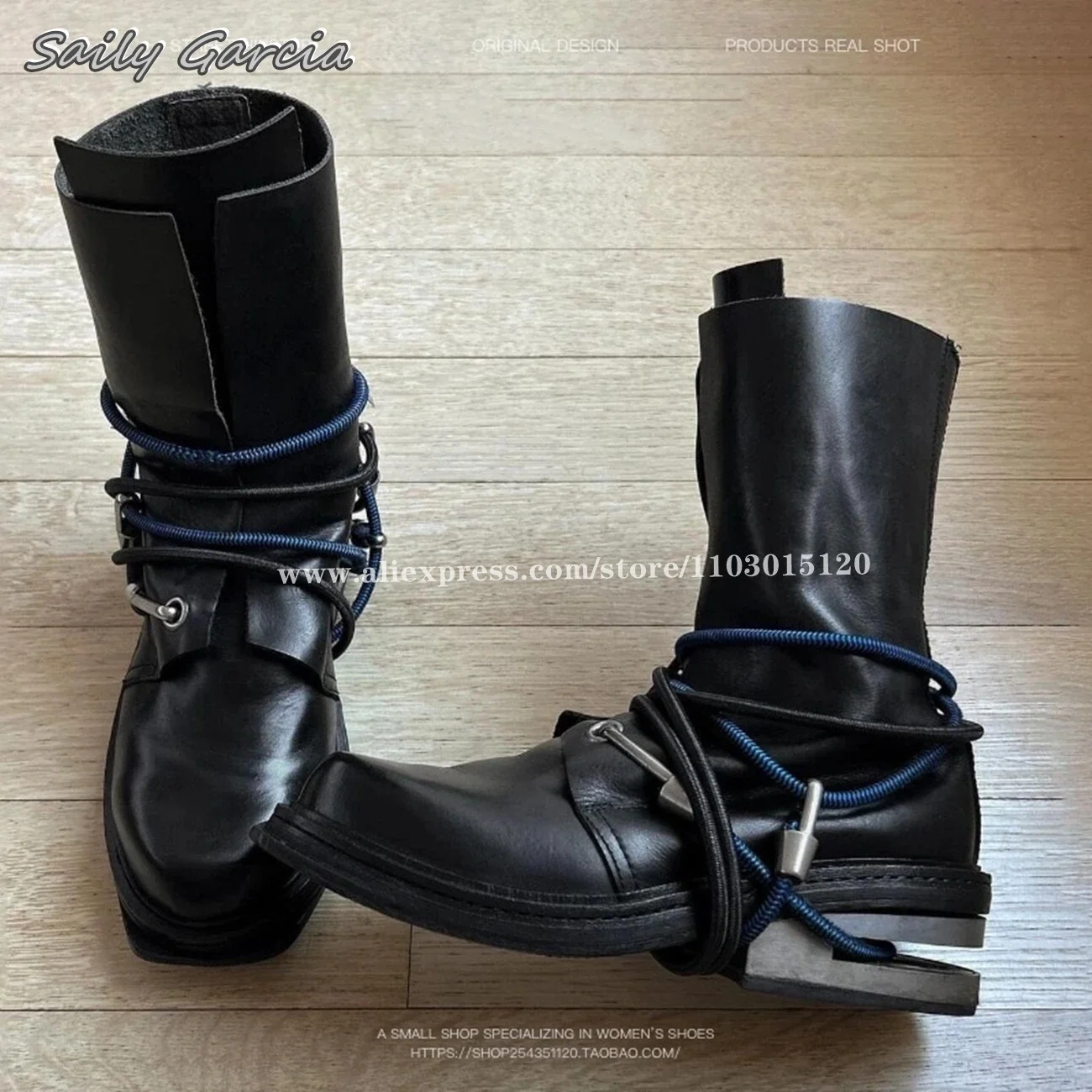 Black Matte Shoelaces Tangled Strange Heel Motorcycle Boots 2024 Large Size Y2k Catwalk Style Boots Round Toe All-Match Shoes