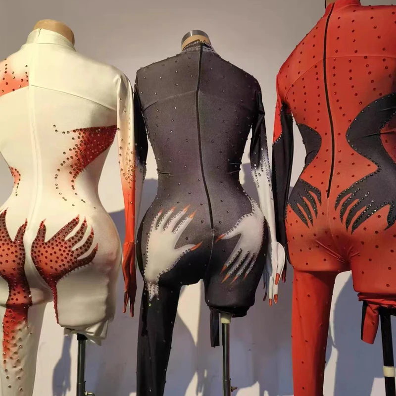 3 farben Frauen Party Strass Overall Handschuhe Sexy Gogo Dance Sets Drag Queen Kostüm Halloween Nachtclub Ds Dj Rave Outfit