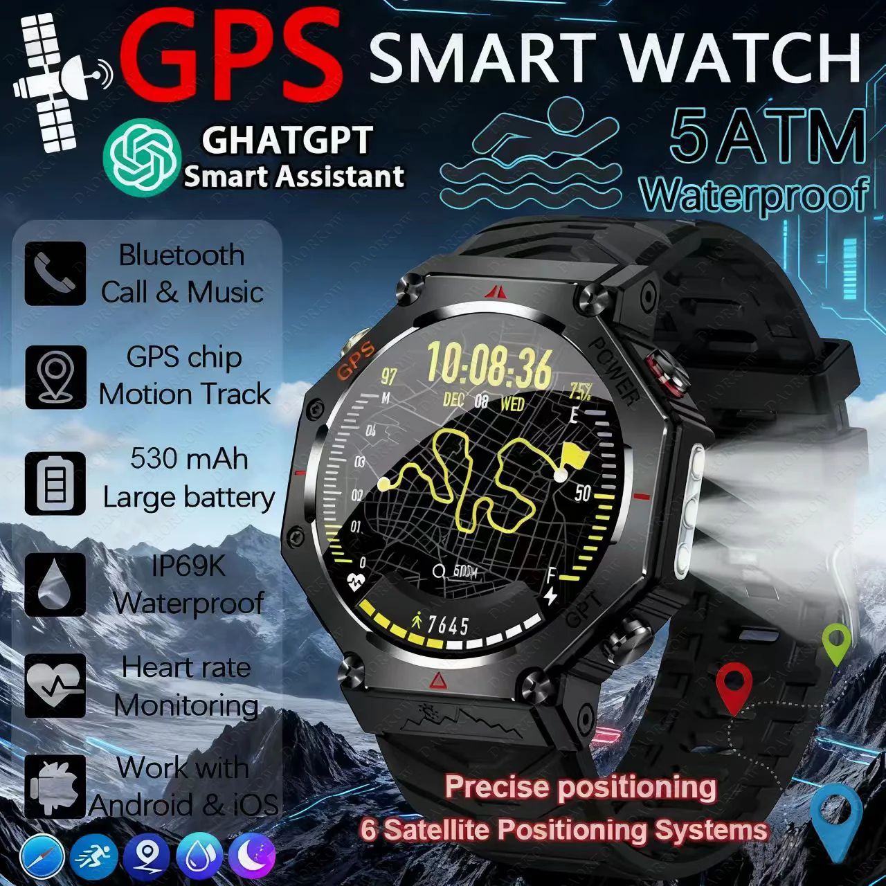 DAORKOW 2025 ChatGPT AI Assistant GPS Smartwatch 5ATM مقاوم للماء بوصلة بلوتوث دعوة في الهواء الطلق ساعة ذكية للرجال والنساء