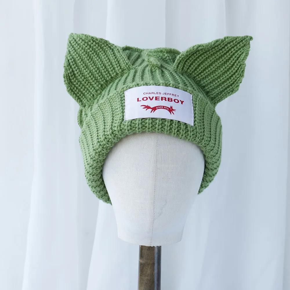 2024 Winter Skullies Cute Women green colour fox Hat Crochet Knitted Hat Costume Beanie Hats Women christmas Gift Hip-hop Cap