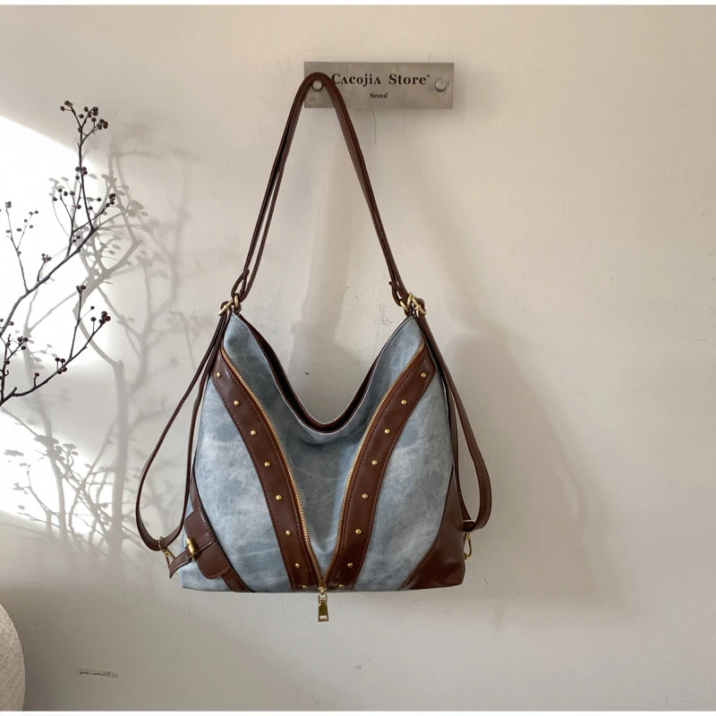 Vintage-Rucksack, Damen-Tragetasche, Retro-Spleiß-Hobo-Umhängetasche, lässige Alltags-Einkaufstasche mit Nieten-Dekor – Detail 12