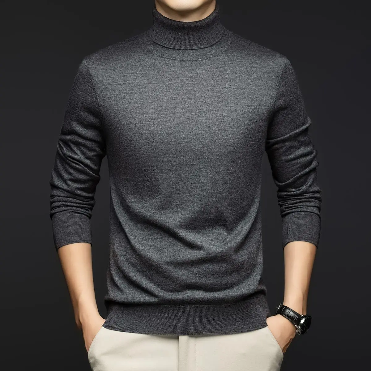 

Мужской осенне-зимний тонкий вязаный свитер с высоким воротником, базовый слой, повседневный, удобный, дышащий, средний, тонкий