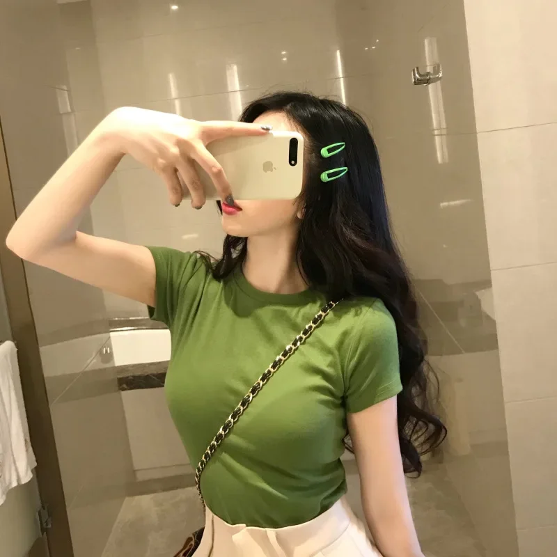 MRMT 2024 Brand New Avocado Green Short Sleeve T-shirt Women's 2 Solid Colorslim Fit Matcha Green Tight Top Women's T-shirt