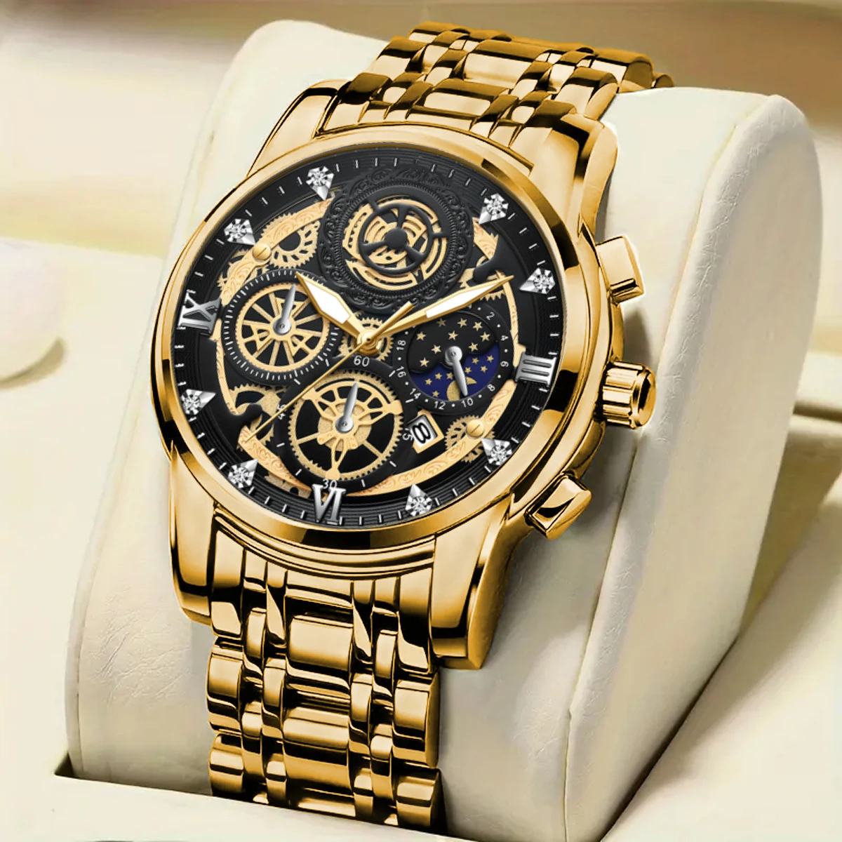 VA VA VOOM Men\'s Watch Water Diamond Gorgeous Style Stainless Steel Strap Original Quartz Movement Gold Black Luxury Men Watches