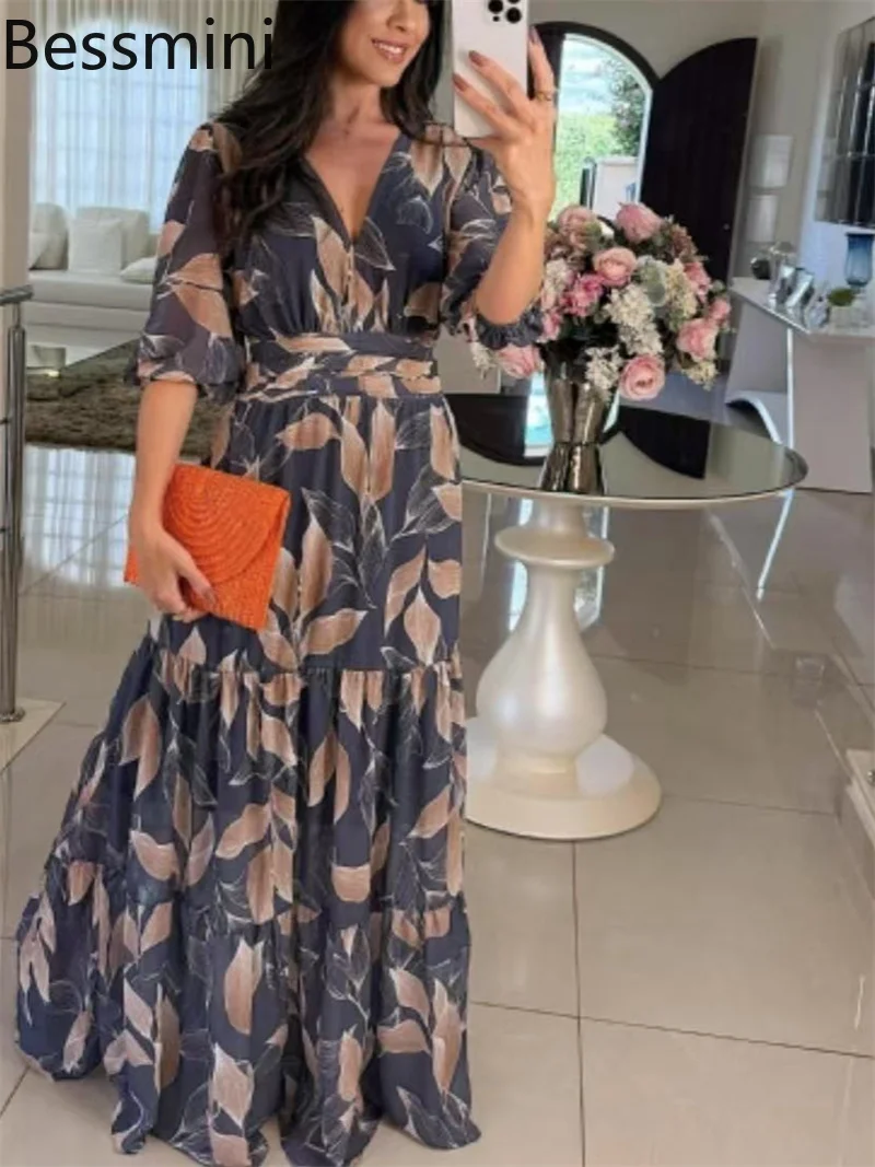 

Retro Floral Print Pleated Long Dress Summer Sexy V-neck Fashion Elegant Women Party Dress Fall Half Sleeve Boho Maxi Dress 2025