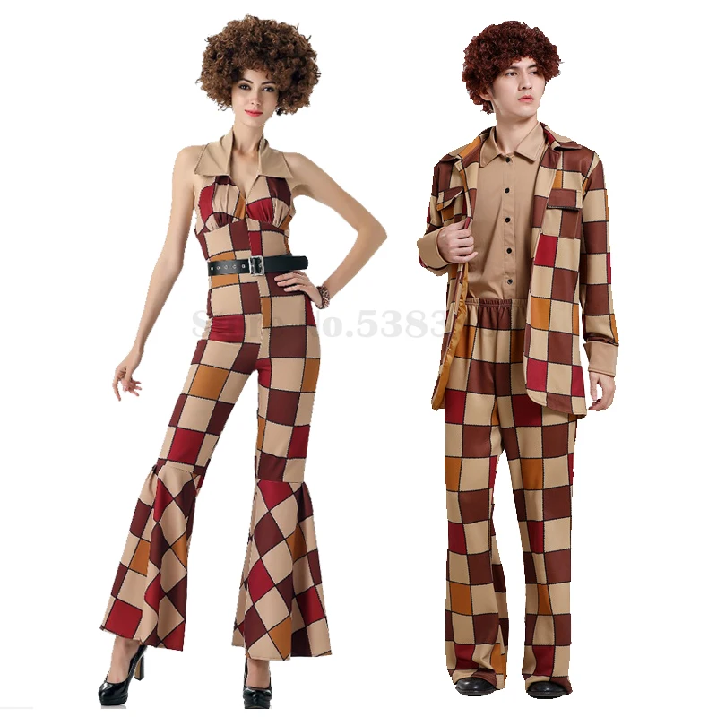 

70S 80S Rock Disco Clothing Jumpsuit Couples Retro Peace Love Hippie Cosplay Costumes Suit Male Women Halloween Carnival Party