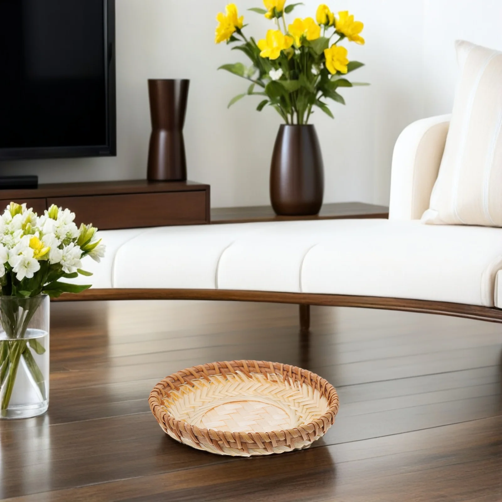 Cesta redonda de bambu para lanche, 2 peças, 5,89x0,98 polegadas, recipiente de armazenamento de alimentos, organizador de balcão de cozinha para pão, nozes e frutas