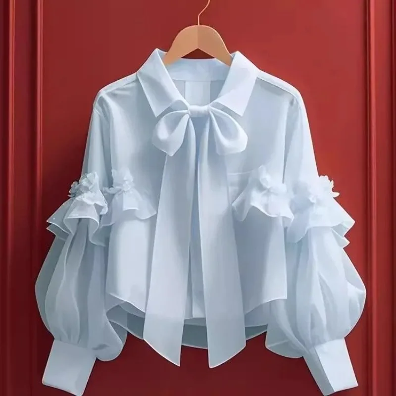 

Early Spring Autumn New Ruffled Top Women's Senior Sense French Unique Beautiful Solid Color Bow Long Sleeve Shirt High Quality