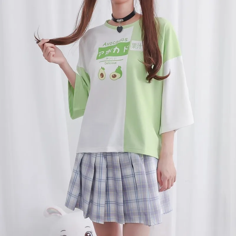 

Одежда для девочек-подростков, топы, лоскутная футболка Kawaii, лето 2025 года, повседневные футболки с короткими рукавами, милая футболка с принтом авокадо