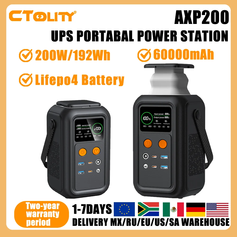 CTOLITY AXP200 200W Solargenerator Camping Tragbare Powerstation 192Wh Powerbank Ladegerät 60000mAh LiFePo4 Akku