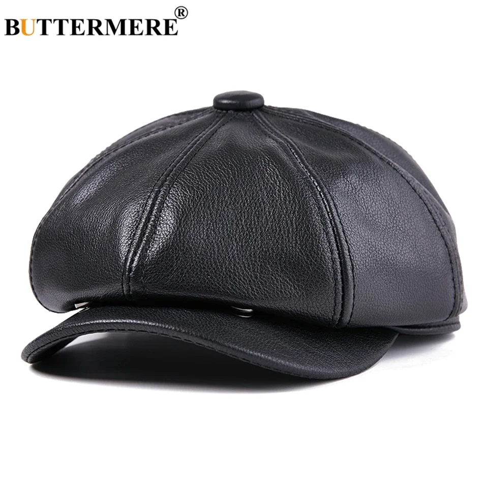 

BUTTERMERE Real Cow Leather Hats Newsboy Caps Men Black Genuine Leather Newspaper Cap Male Vintage Winter Octagonal Hats