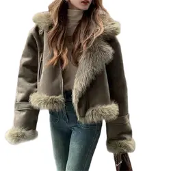 Women's Leather Jacket Rabbit Fur Lining Sheepskin Neck Fashionable Luxury Warmth Overcoat Winter imitation Fur Coat Short