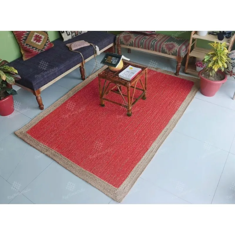 Red Handwoven Jute Area Rug with Beige Border Bohemian Rug Eco Friendly Rug Carpets for Living Room Bedroom Home Decor