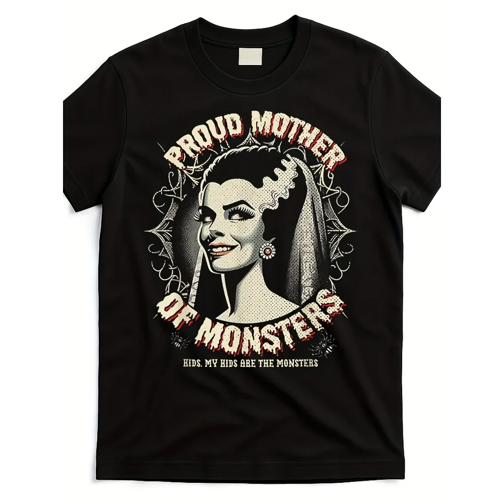 

Футболка «Гордая мама монстров» ко Дню матери 2025 — унисекс-футболка с ретро-графикой и дизайном Франкенштейна и невесты-монстров