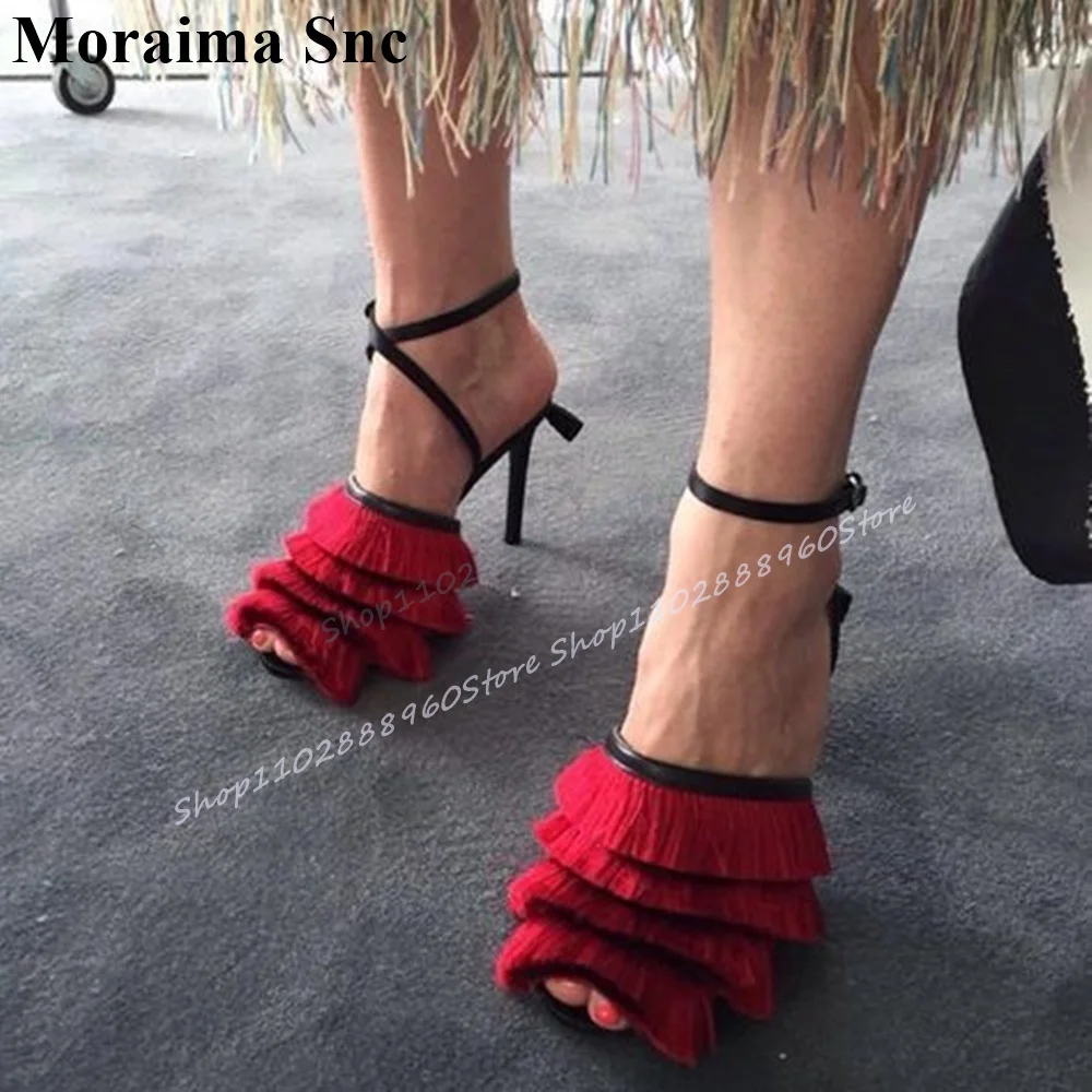 

Trending Red Tassels Decoration Sandals Thin High Heel Women Shoes Ankle Buckle Strap Peep Toe 2025 Fashion Zapatos Para Mujere