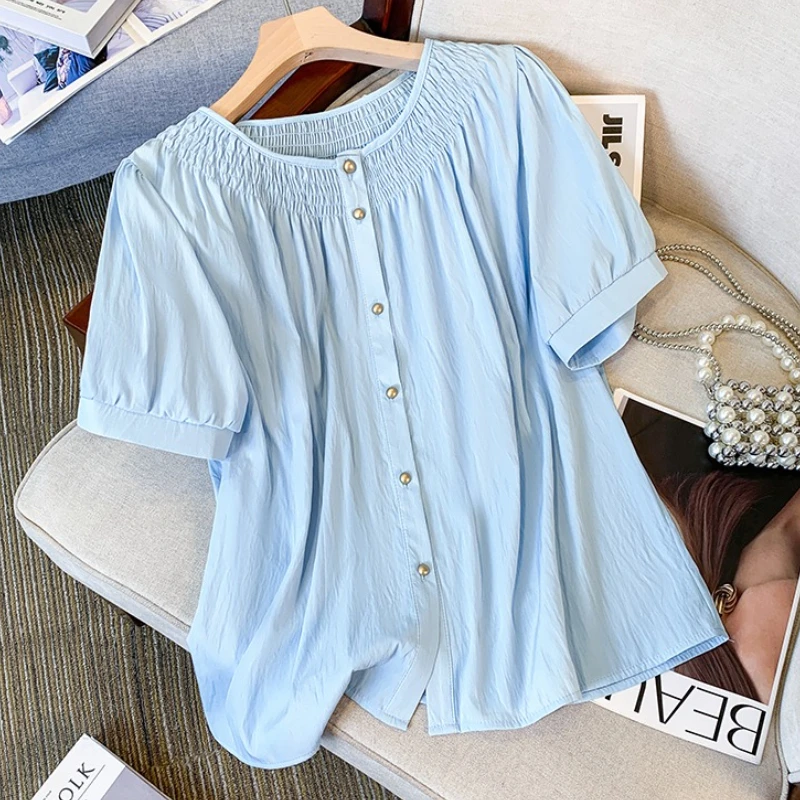 

2025 Plus Size Women's Shirts Loose Short Sleeve Button Up Tunic Top New Summer Fashion Pure Color Casual Oversized blouses