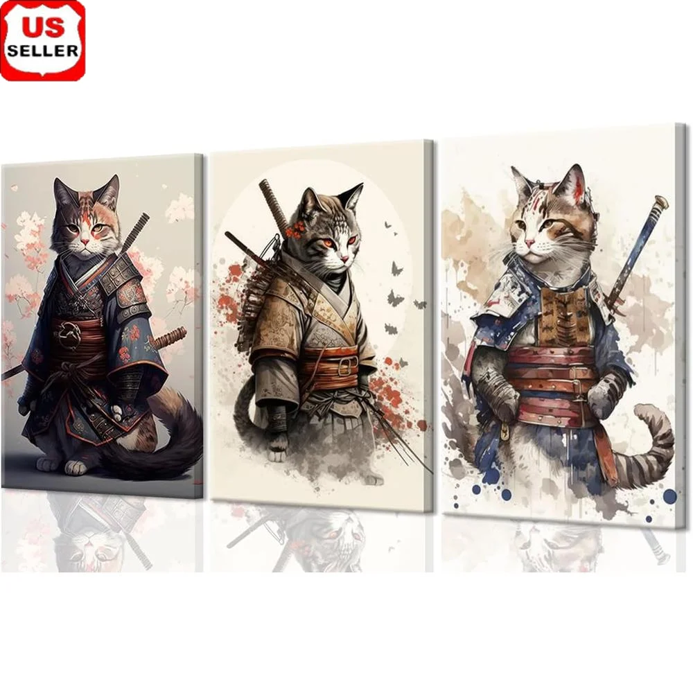 

3Pcs Framed Japanese Samurai Cat Wall Art Vintage Canvas Prints Funny Animal Decor Perfect Gift Living Room Bedroom Kitchen