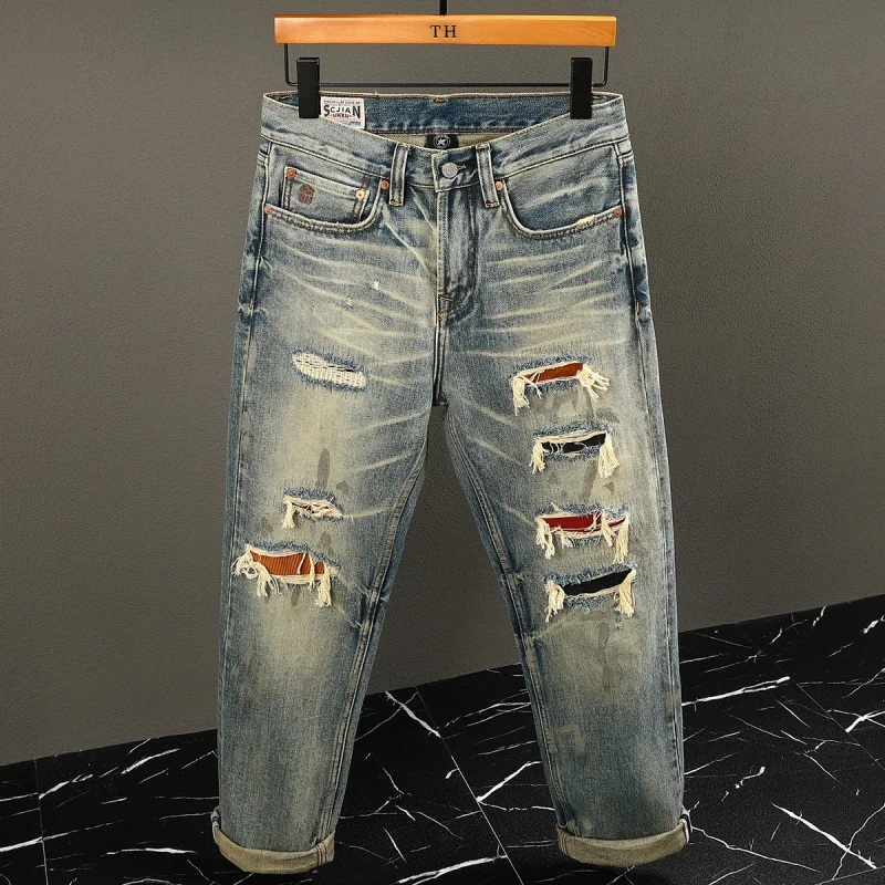 

Осень 202, рваные джинсы с нашивками, мужские ретро ностальгические уличные модные свободные прямые брюки, тяжелые трендовые длинные брюки