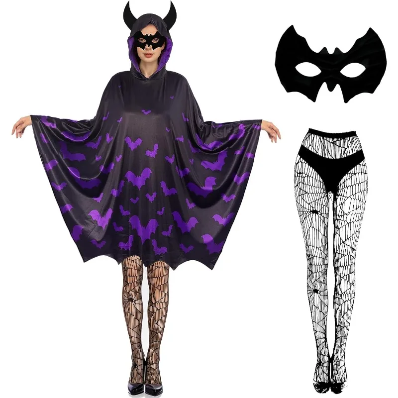 

Women Bat Cosplay Costume Halloween Adult Cape Mask Stockings Woman Vampire Bat Winged Cape Scary Fancy Dress Outfit Carnival