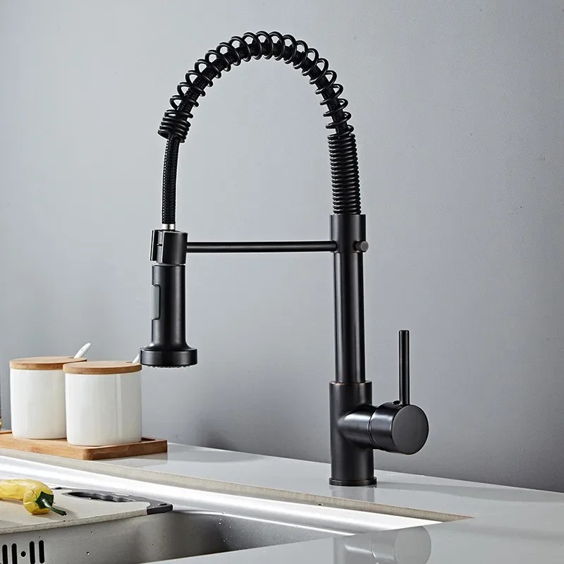 

Kitchen Faucets Black for Sink Single Lever Pull Out Spring Spout Mixers Tap Hot Cold Nickel Water Crane