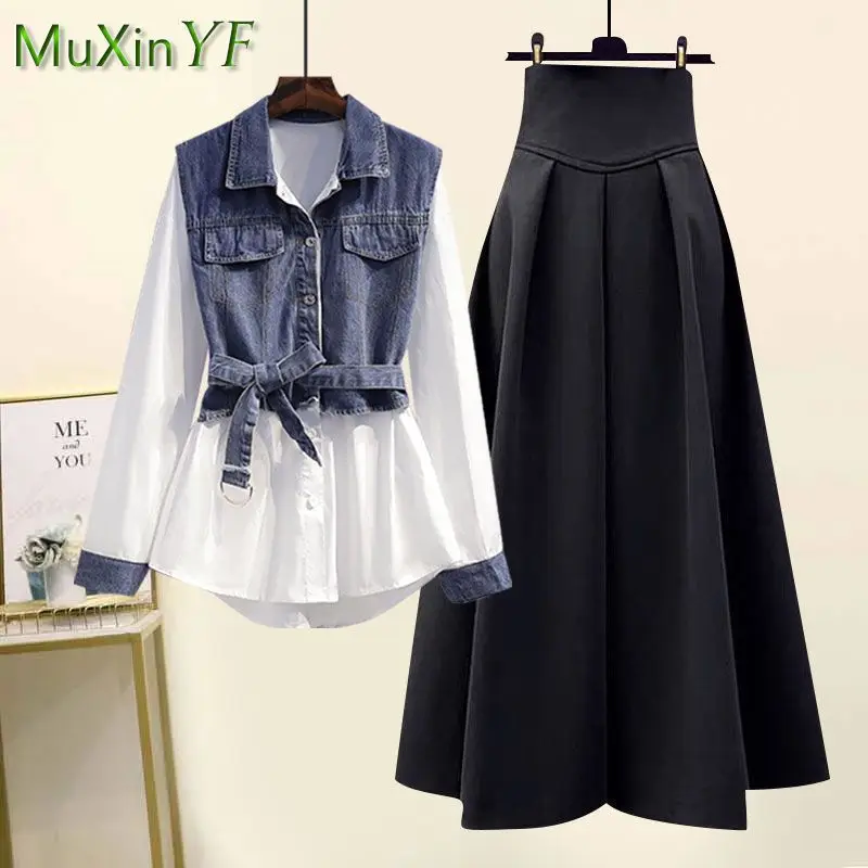 

2025 Women Spring Fall New Chic Denim Splicing Fake 2-piece Long Sleeve Shirt+Skirt Suit Korean Elegant Coat Dress Matching Set