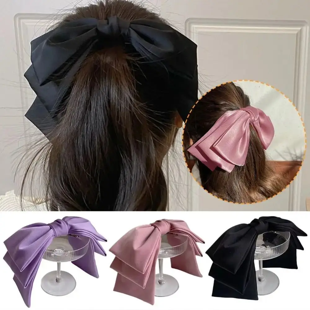 1Pcs Big Bow Satin Hair Clip Solid Pink Black Multi Layer Hair Bows Korean Fashion Pinches Girl Women Hair Pin