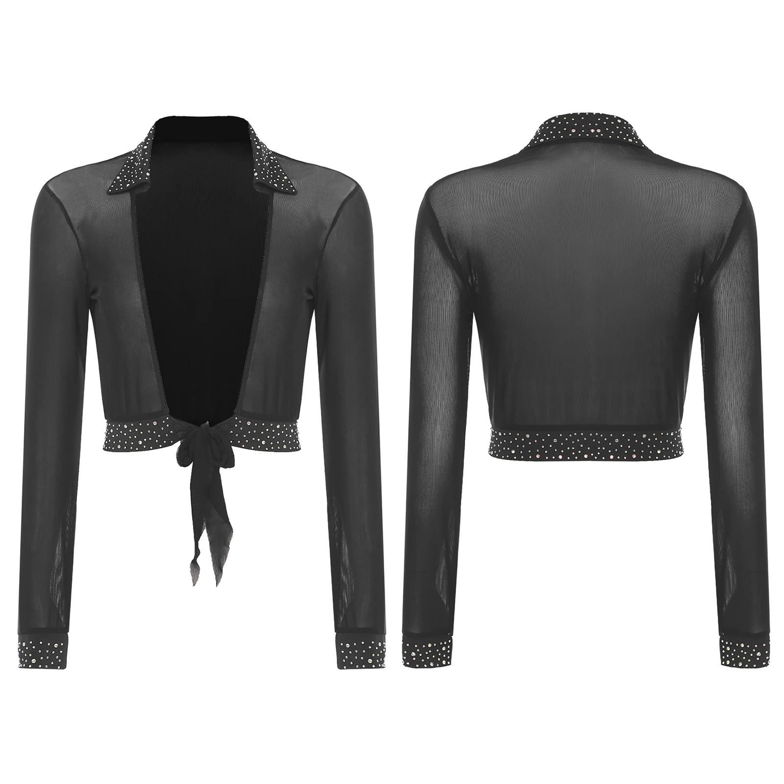 سترة نسائية للرقص اللاتيني من شبكة حجر الراين لموسيقى الجاز وأكمام طويلة مفتوحة من الأمام وربط بوليرو سترات مقصوصة وإكسسوارات ملابس الرقص