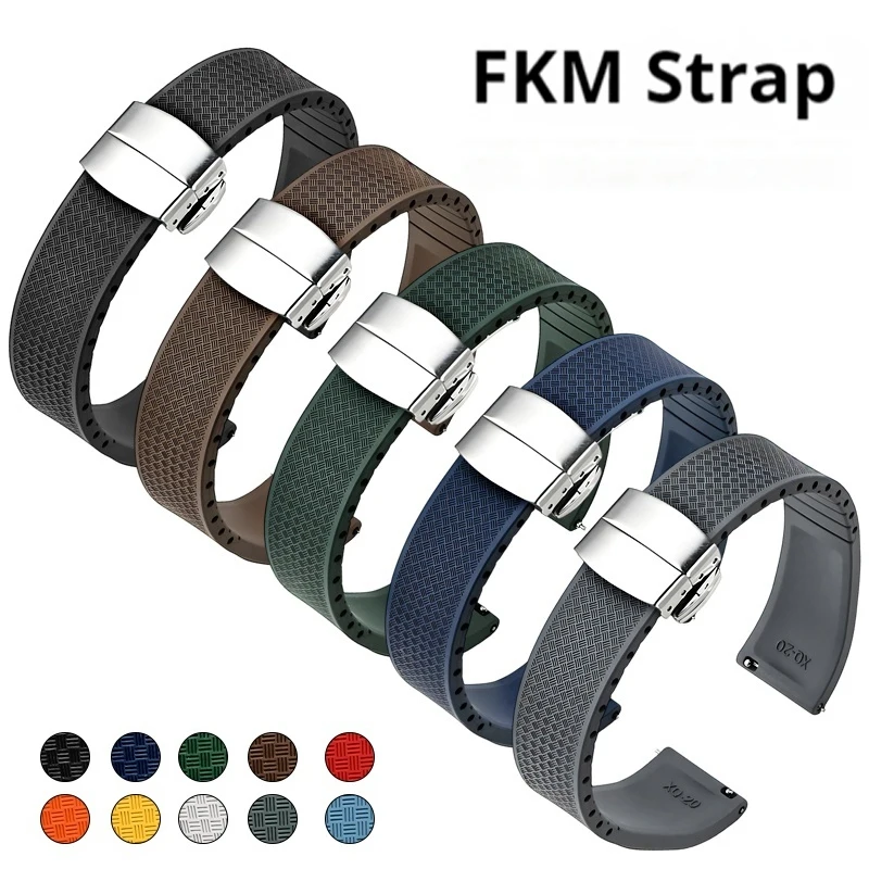 FKM Strap 20mm 22mm Quick Release Diving Fluoro Rubber Watch Band Butterfly Buckle Bracelet Accessories for Omega Seiko Citizen