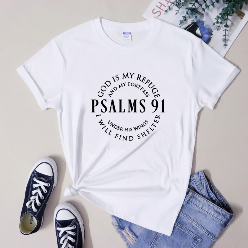 100% Cotton Psalms 91 T-shirt Religious Unisex Jesus Christian Clothing Bible Verse Shirt