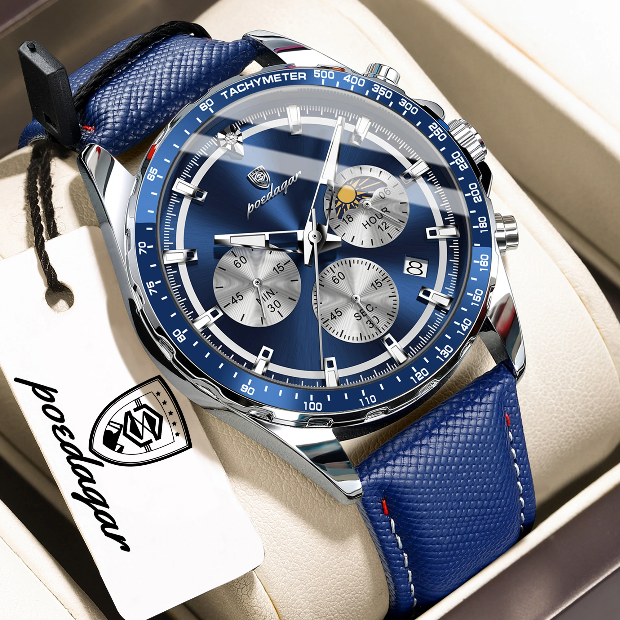 POEDAGAR Original Fashion Men Clock Luminous Waterproof Chronograph Date Business Man Wristwatch Leather Quartz Functional Sports Men's Watches Reloj