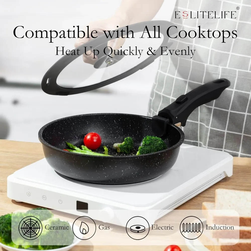 طقم مقالي سيراميك غير لاصقة مع أغطية ومقبض قابل للفصل، آمنة للبيض والعجة، مقالي مطبخ مثالية للطهي #6