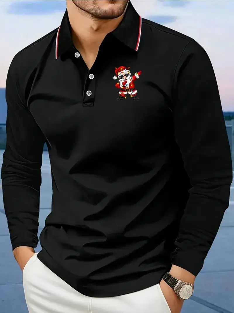 مضحك سانتا كلوز الرسم الرجال قميص بولو بسيط نمط الأعمال طويلة الأكمام البلوز الأزياء الإبداعية مهرجان الملابس للرجال