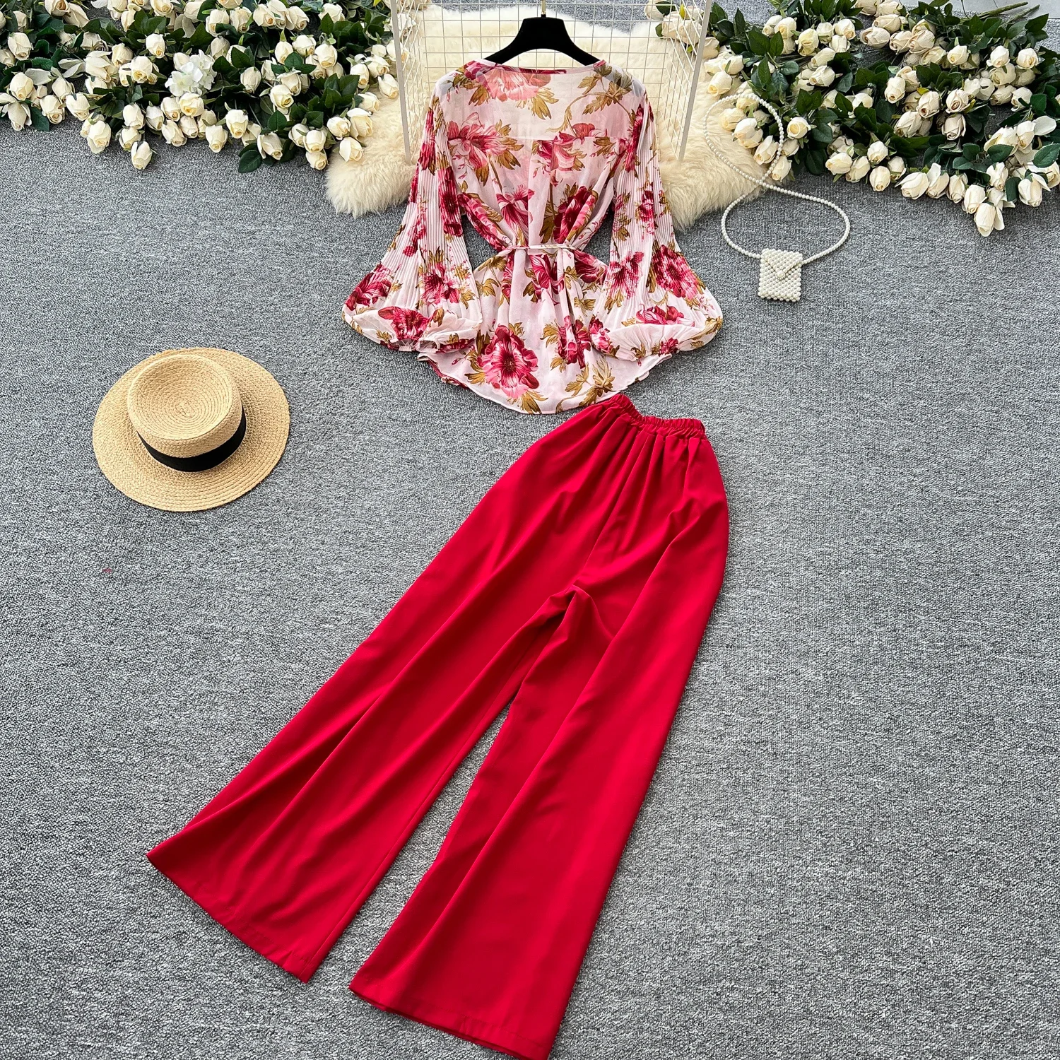 Elegant Long Lantern Sleeves Vintage V-neck Print Bandage Top Chic High Waist Wide Leg Pants High Street Autumn Two-piece Sets