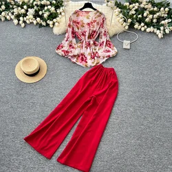 Elegant Long Lantern Sleeves Vintage V-neck Print Bandage Top Chic High Waist Wide Leg Pants High Street Autumn Two-piece Sets