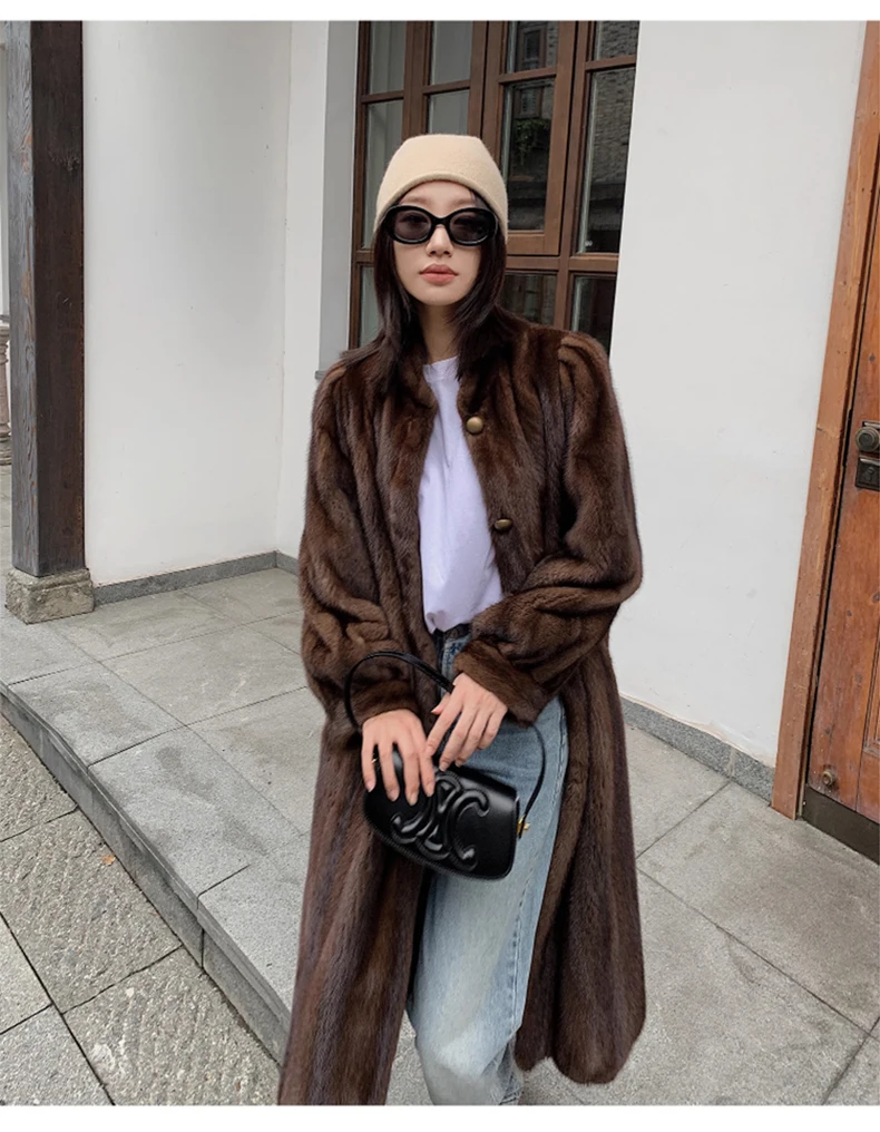 Lautaro Winter Long Brown Thick Warm Soft Faux Mink Fur Coat Women Puff Sleeve Elegant Luxury Chic Fluffy Furry Overcoat 2023