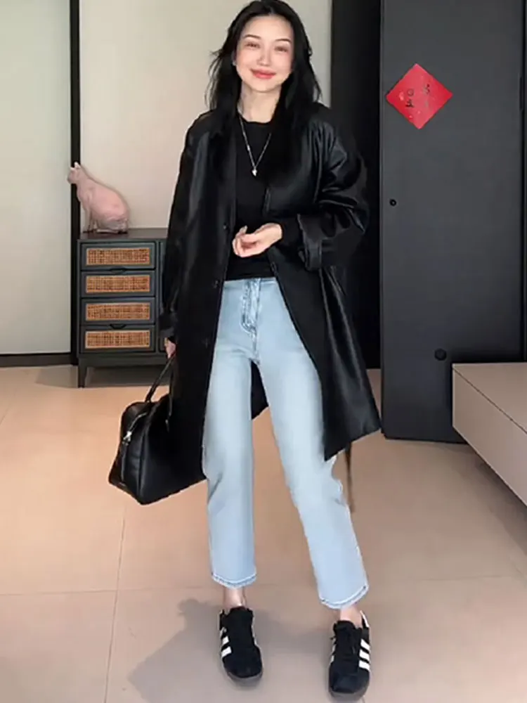 Bla PU cuero Jaet mujer motocicleta Sle abrigo de longitud media otoño 2025 nueva ropa de abrigo Faionable de un solo botón