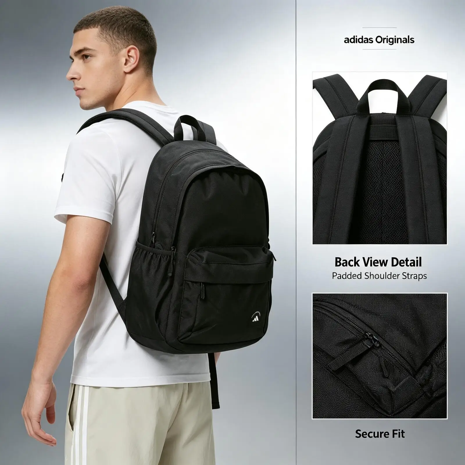 Adidas Originals Men Black Backpack Classic White Logo Casual Daypack Front Pocket Adjustable Shoulder Straps Daily Rucksack