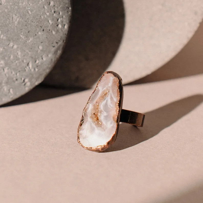 

YEEVAA White Druzy Agate Stone Ring, Natural Stone Jewelry Unique Gift