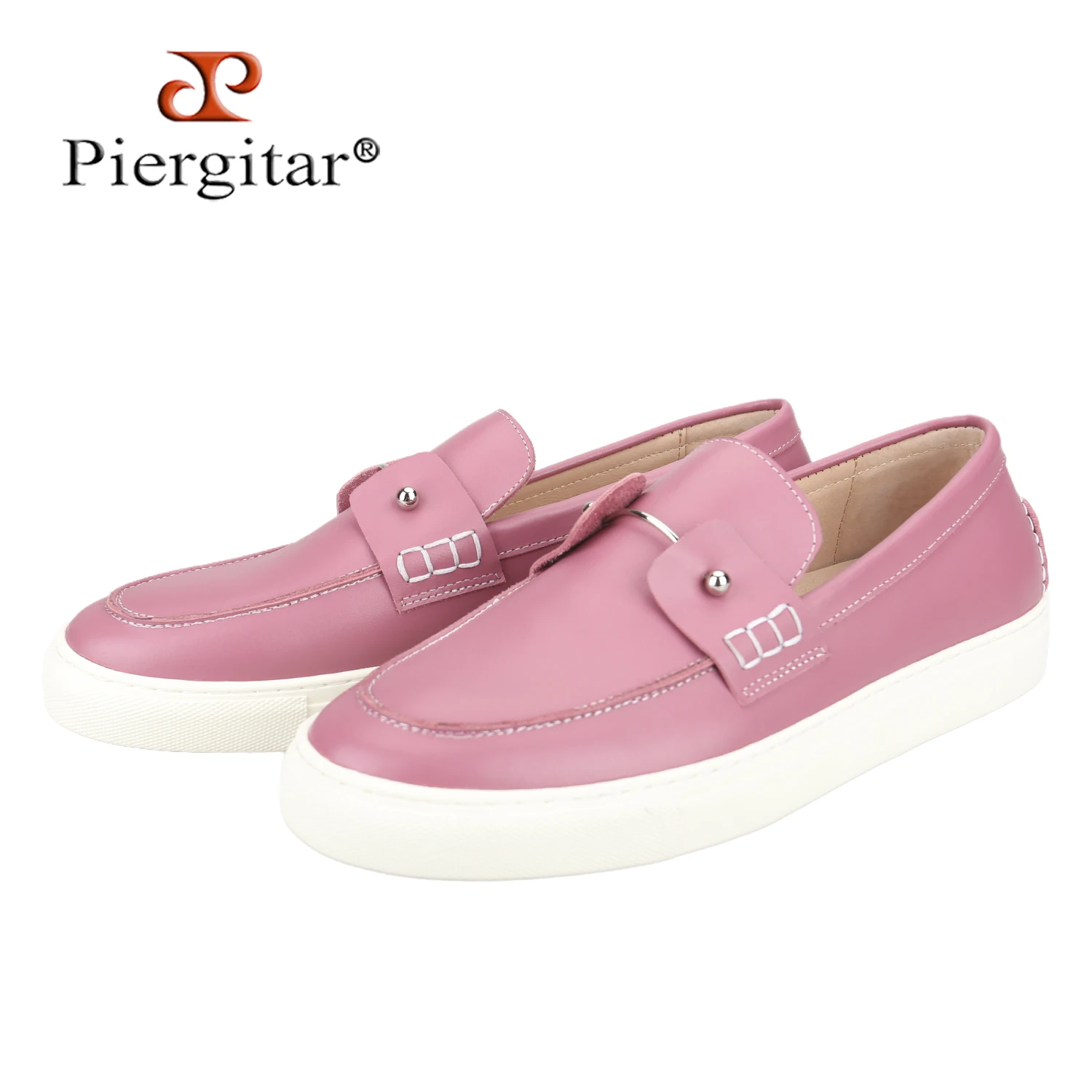 Piergitar Calfskin Men's Casual Board Shoes With Customized Ball Shaped Metal Buckles Classic Model Handmade Slip-On Sneakers